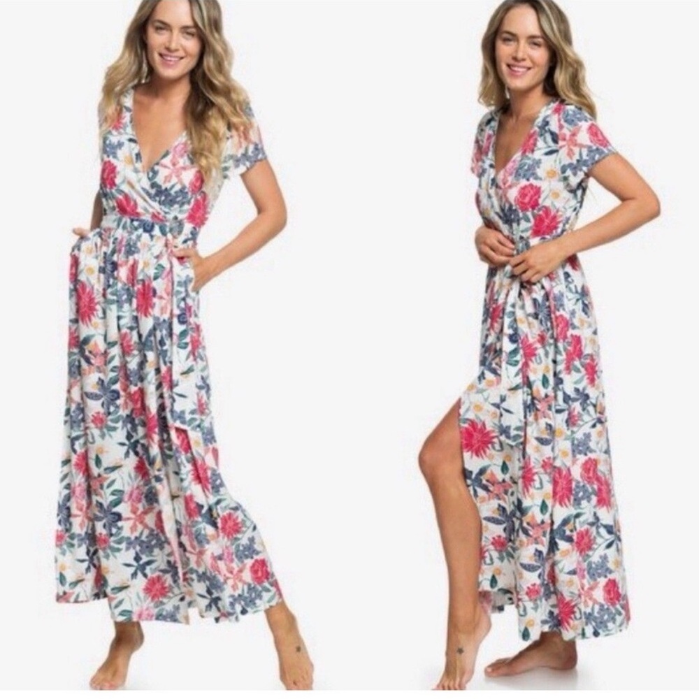 Roxy Maxi Dress Womens 14 White Multicolor Floral Wrap Short Sleeve Vacation